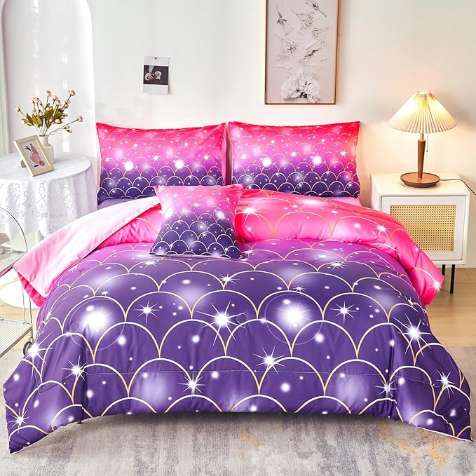 URBONUR Pink Purple Comforter Set Full Size for Girls 6 Piece Bed-in-a-Bag Glitter Mermaid Kids Bedding with Sheets