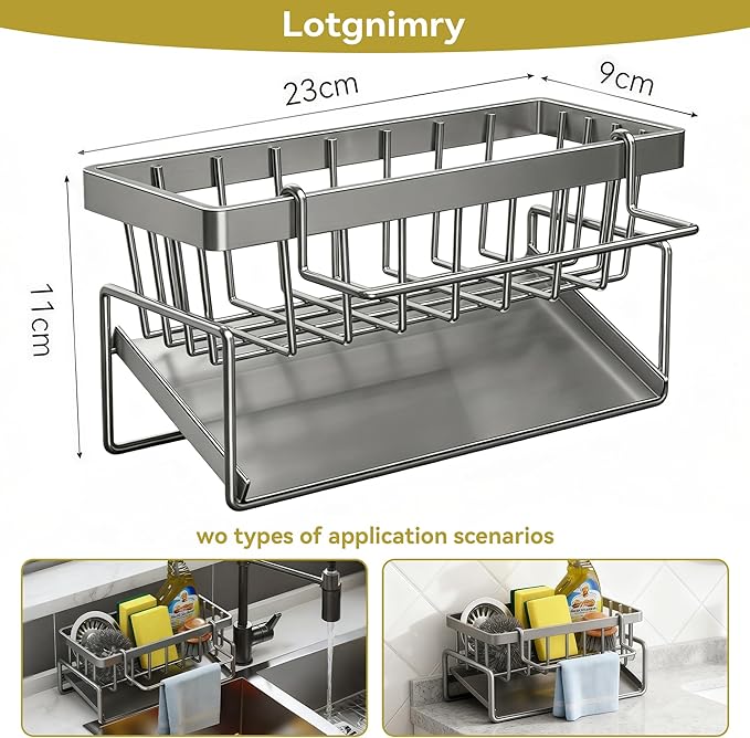 Sponge Holder for Kitchen, Sink Caddy Organizer Rack for Kitchen Accessories, Soap Dispenser Countertop Organizer Essentials for Home (Grey)
