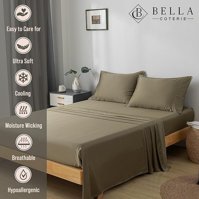 Bella Coterie Luxury Bamboo Viscose Split King Size Sheet Set | 2 Fitted Sheets for Sleep Number & Adjustable Beds | 100% Organically Grown | Cooling & Ultra Soft | 18” Deep Pocket [Olive]
