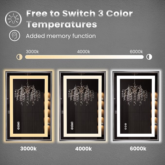Amorho 36"x 30" LED Bathroom Mirror, Brushed Nickel Framed Mirror with Front Light and Backlit, Stepless Dimmable, Anti-Fog, Shatter-Proof, Memory, 3 Colors
