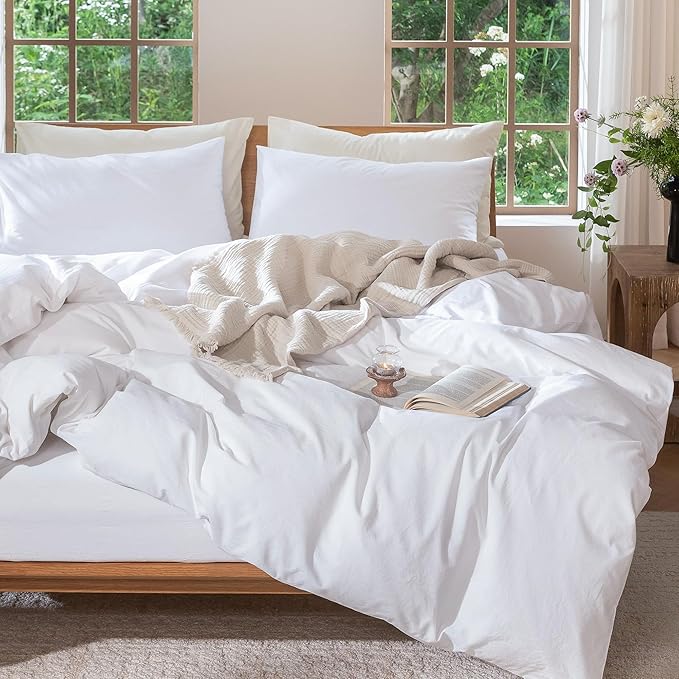 MooMee Bedding Duvet Cover Set 100% Washed Cotton Linen Like Textured Breathable Durable Soft Comfy (Solid Bright White, Full 80"x90")