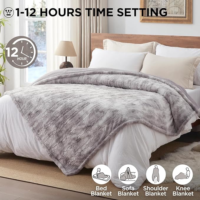 Westinghouse Electric Blanket Full, Faux Fur Heated Blanket with 10 Heating Levels & 1-12 Hours Auto Off, Soft Cozy Sherpa Heated Blanket Washable Blanket (80" x 84" Full Size, Light Grey)