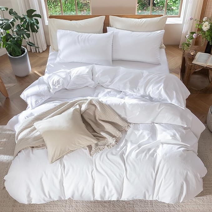 MooMee Bedding Duvet Cover Set 100% Washed Cotton Linen Like Textured Breathable Durable Soft Comfy (Solid Bright White, Full 80"x90")