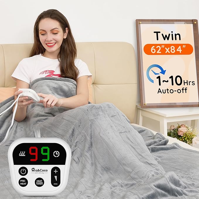 Mia&Coco Electric Blanket Twin （62"x84"） Flannel Heated Blanket, 10 Heat Levels, 10-Hour Auto-Off, Fast Heating, Overheat Protection, Machine Washable, Soft Heating Blanket for Home and Office - Gray
