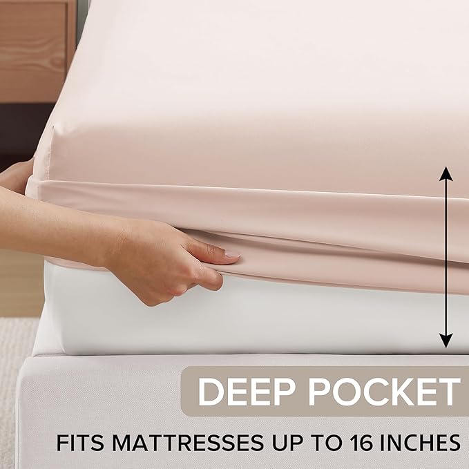 UGG King Sheet Set 4-Piece Luxury Cooling Sheets Deep Pockets Premium Bedding with 2 Pillow Shams Hypoallergenic Machine Washable Soft Lightweight Bed Set for Bedroom, King, Shell Light Pink (Hedi)