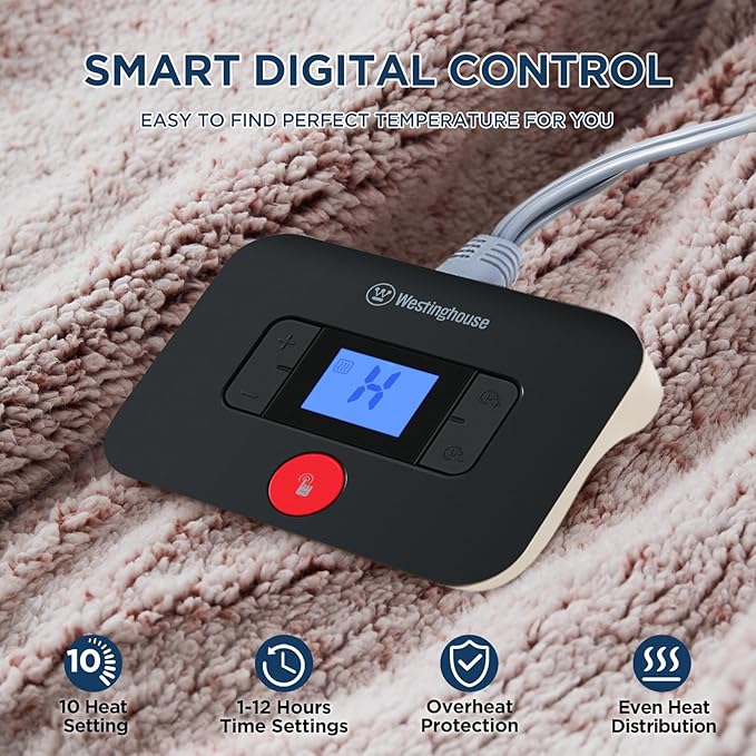 Westinghouse Electric Blanket Twin Size, Soft Plush Sherpa Heated Blanket with 10 Heating Levels & 1-12 Hours Auto-Off, Machine Washable, 62x84 inches, Rust