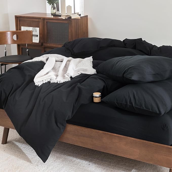 FOSSA Duvet Cover Set 100% Washed Cotton Linen Feel Super Soft Breathable Cozy 3 Pieces Bedding Sets Solid Black Oversized King