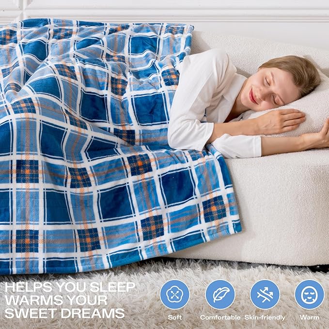 Heated Blanket Electric Throw, Heating Throw with 8 Hours Auto Off & 8 Fast Heating Levels, Blue White Plaid Checkered Sherpa Blanket Warmer for Adults, Washable Blanket Gift for Couch Bed (50x60 In)