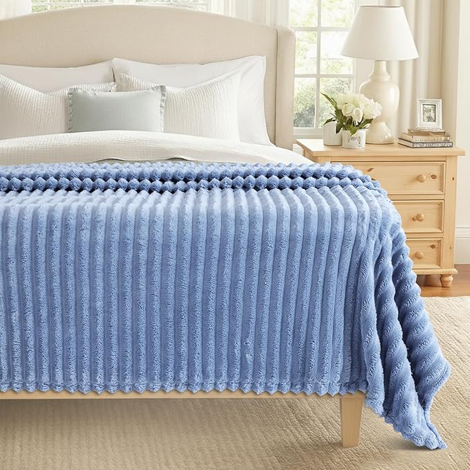 decorUhome Christmas Soft Fleece Blue Grey Blanket Queen Size for Bed, Cozy Fluffy Plush Flannel Large Striped Throws for Couch Sofa, Lightweight Decorative Fuzzy Blanket for Woman, 90x90 Inches