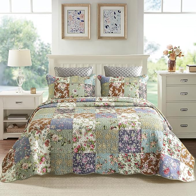 YAYIDAY Oversized Queen Quilt Set Patchwork Bedspread (110x118 Inch) - 100% Cotton Reversible Breathable Floral Quilted Coverlet with Pillow Shams Fit All Season