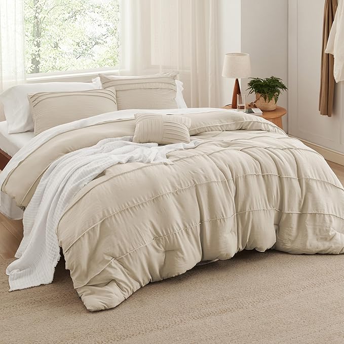 Bedsure Queen Comforter Set - 4 Pieces Pinch Pleat Bed Set, Linen Boho Bedding for All Season, 1 Soft Comforter, 2 Pillowcases, 1 Decorative Pillow