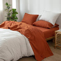 MooMee Bedding Sheet Set 100% Washed Cotton Linen Like Textured Breathable Durable Soft Comfy (Solid Rust Brown, Twin XL)