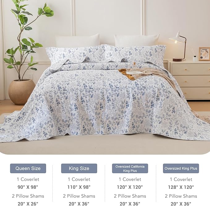Lady Ann Oversized King Quilt Bedspreads 128x120,Cotton Blue and White Floral & Leaves Pattern California King Size Quilt Bedding Set Extra Large Lightweight Quilted Bedding Coverlet Set 3Pcs