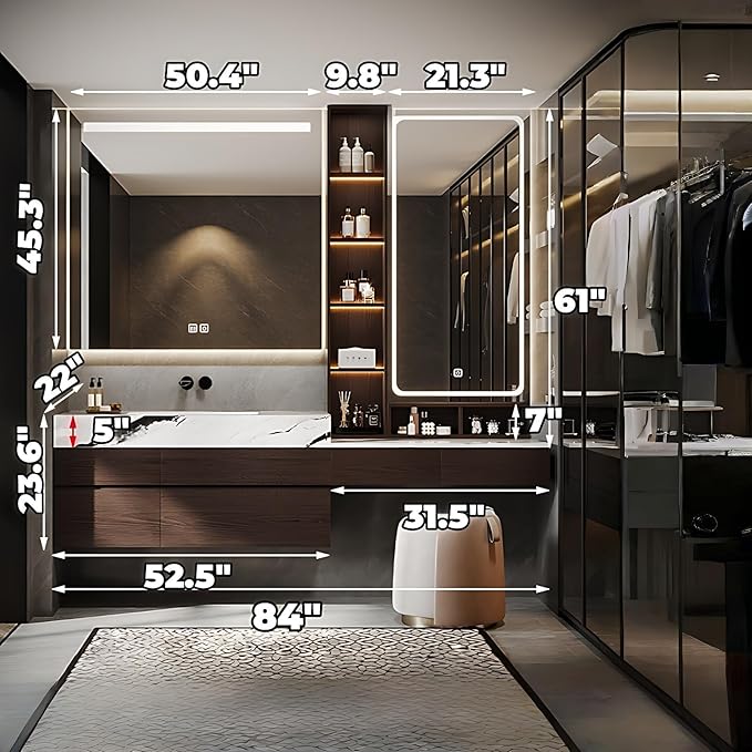 Bathroom Vanity with Sink - Luxury Bathroom Sink Cabinet, Floating Vanity with Smart Defogging Mirror & Storage Drawer, Multi-Layer Solid Wood Panel - Complete Accessories (84")