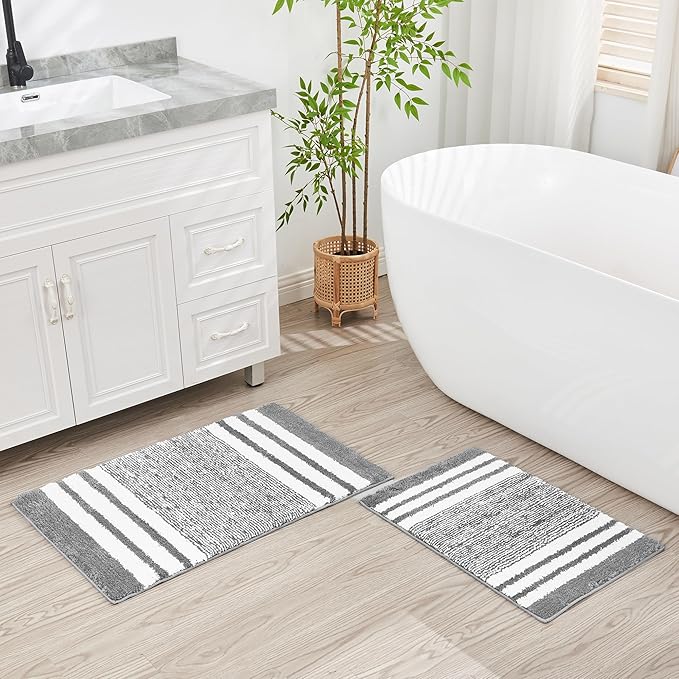 CozeCube Bath mats for Bathroom Non Slip, Fluffy Absorbent Microfiber Bath mat Washable, Aesthetic Bathroom Rugs, Large Grey Striped Bath mat, Grey, 36" x 24"