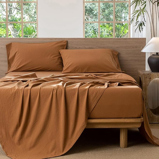 MooMee Bedding Sheet Set 100% Washed Cotton Linen Like Textured Breathable Durable Soft Comfy (Solid Dark Orange, Queen)