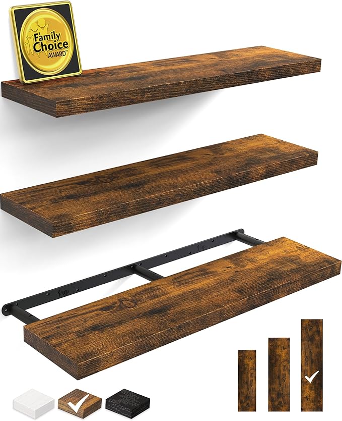 BAYKA Floating Shelves for Wall, 36 inches Wall Mounted Wood Shelves for Bathroom, Bedroom, Living Room, for Storage/Decor with 30lbs Capacity - Rustic Brown,Set of 3