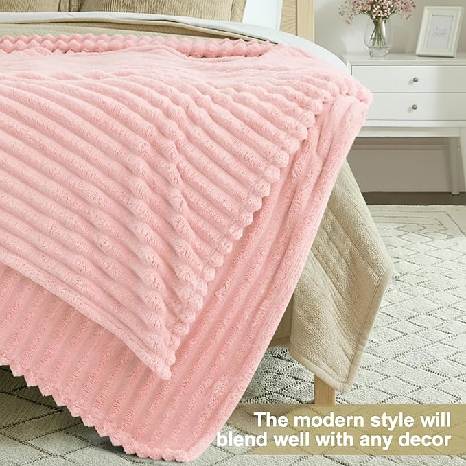 decorUhome Christmas Soft Fleece Pink Blanket King Size for Bed, Cozy Fluffy Plush Flannel Large Striped Throws for Couch Sofa, Lightweight Decorative Fuzzy Blanket for Woman, 108x90 Inches