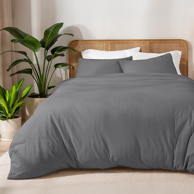 Bare Home 100% Organic Cotton Jersey Duvet Cover Set - King/Cal King Size - Ultra Soft - 100% Cotton - 3pcs - Corner Ties - Button Closure - Bedding Duvet Cover & Pillow Shams (King/Cal King, Grey)