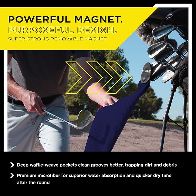 STICKIT Magnetic Golf Towel, Navy, Premium 29" Microfiber with Deep Waffle Pockets, Industrial Strength Magnet for Secure Hold to Golf Carts & Clubs, Ultra-Absorbent, Fast-Drying, Easy-Clean Design