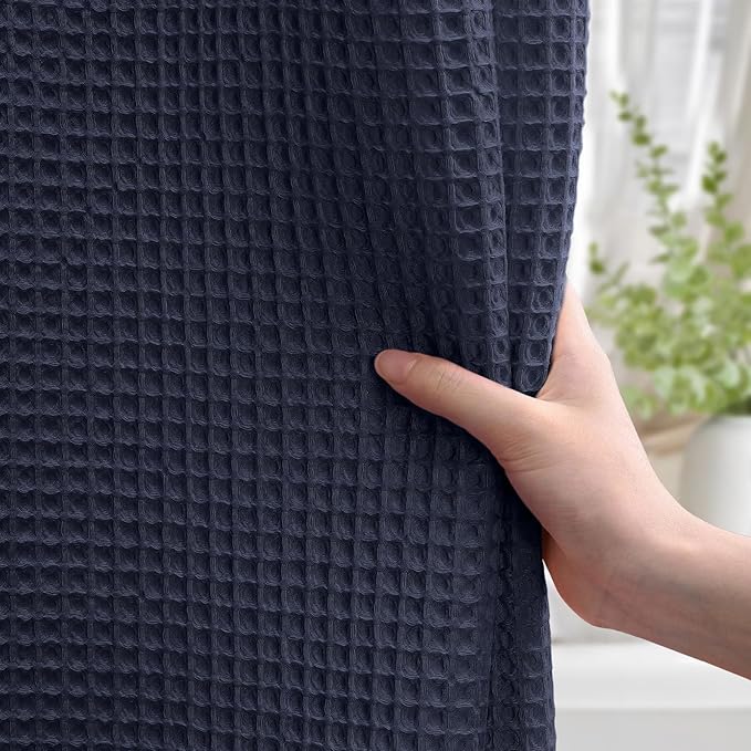 Long Waffle Shower Curtain - Navy Blue Cotton Texture Fabric Heavyweight Shower Curtain for Bathroom,72Wx78L
