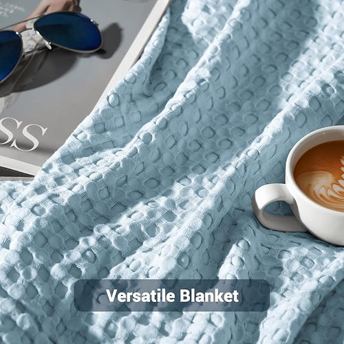 AganearWaffle Blanket - Lightweight Breathable Summer Blanket of 50% Cotton and 50% Rayon Derived from Bamboo for Hot Sleepers Luxury Throws for Bed, Couch and Sofa,Blue,90x90 Inches