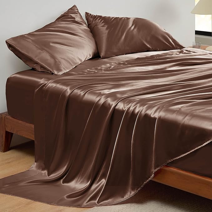 Bedsure Satin Sheets King Size - 4 Piece Silky Bedsheets with 15 Inches Deep Pocket Fitted Bedsheet,1 Flat Sheet, 2 Satin Pillowcases, Good for Hair & Skin (King, Coffee)