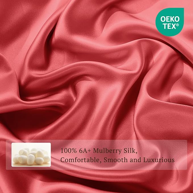 THXSILK 100% Pure Mulberry Silk Duvet Cover Set 3 Piece, 6A+ Grade Luxury Soft Bedding Silk Sheets for Hair and Skin, 1 Pcs Duvet/Quilt/Comforter Cover with 2 Zippered Pillowcases (Red, King)