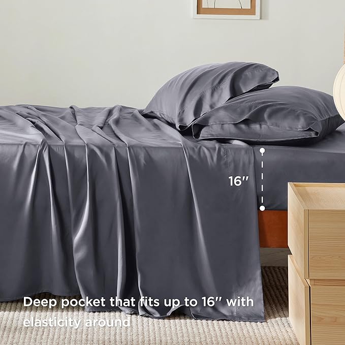Bedsure King Size Sheets Set, Cooling Sheets for Hot Sleepers, Rayon Derived from Bamboo, Breathable & Soft, Deep Pocket Up to 16 Inches, Hotel Luxury Silky Bedding, Dark Grey