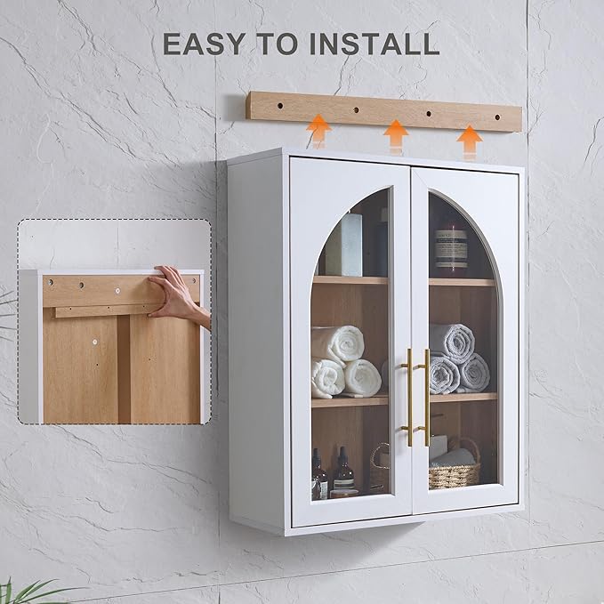 Bathroom Wall Cabinet, 23.5×31.4'' Storage Cabinet, Arched Cabinet Wall Mount with Adjustable Shelf & Glass Doors, Medicine Cabinet for Laundry Room, Bathroom, Kitchen, Living Room, Bedroom, White