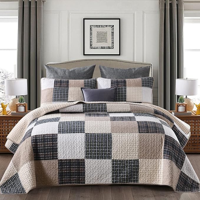 KALOOLA Patchwork Queen Quilt, 100% Cotton Lightweight Bedspreads Queen Size 3 Pieces, Tan Brown Beige Queen Quilt Bedding Set, Farmhouse Rustic Coverlet for All Season