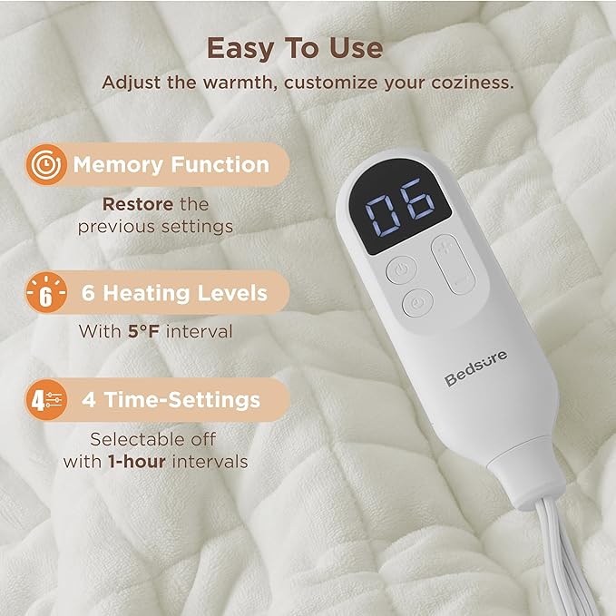 Bedsure Heated Blanket Throw Blanket - Quilted Electric Blanket, Soft Flannel Thick Heating Blanket with 4 Time Settings & 6 Heating Settings, Warm Gifts for Women Men (50x60 inches, Ivory)