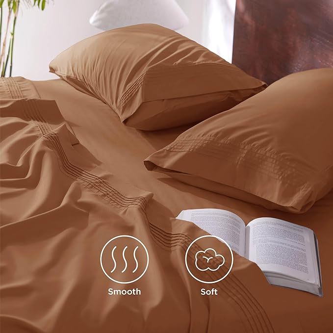 Bedsure Deep Pocket Queen Sheets Set - Fits Mattresses Up to 21 Inches Thick - 4 Piece GentleSoft Bed Sheets, Moisture Wicking, Soft & Cooling Bedsheet & Pillowcases, Easy & Secure Fit, Burnt Orange