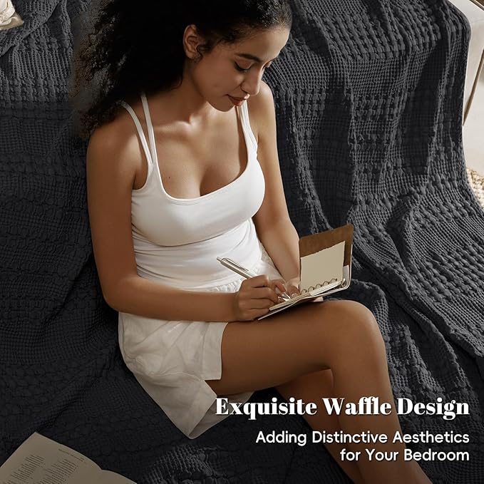 PHF 100% Cotton Waffle Weave Blanket Queen Size for Bed, Soft Lightweight & Breathable, All-Season Comfort, Luxury Aesthetic Woven Bedding for Home Decor, 90"x90", Black