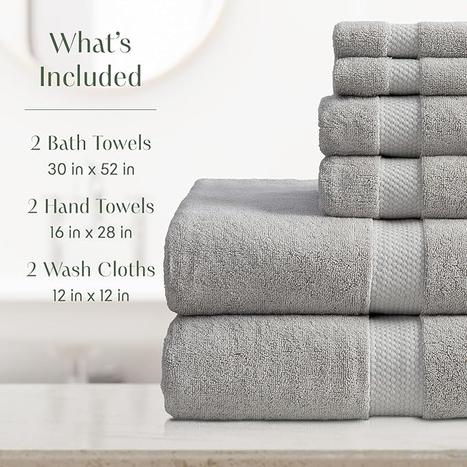 Springtree Home Grey Bath Towels Set of 6 | Classic Hotel Bath Towels | 100% Combed Cotton | Absorbent Quick-Dry Gray Towels for Bathroom | Oeko-TEX® Standard 100 Cotton | Cynewski Collection - Grey