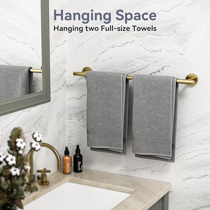 Gold Bathroom Accessories 5 Piece, 24 Inch Bath Hardware, Wall Mounted Brushed Gold Towel Rack, Durable SUS304 Stainless Steel Towel Bar Set