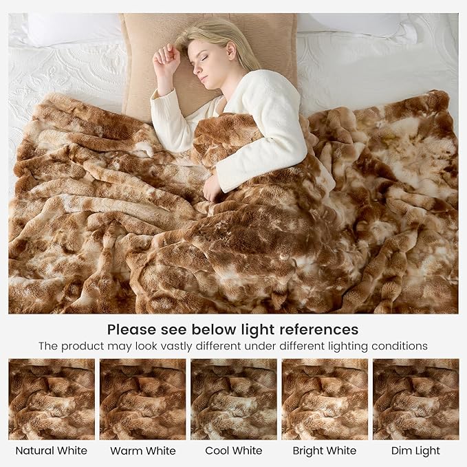 Cozy Bliss Faux Fur Throw Blanket for Couch, Fuzzy Soft Plush Thick Striped Blanket for Sofa Bedroom Living Room, 50 * 60 Inches Tie-dye Brown