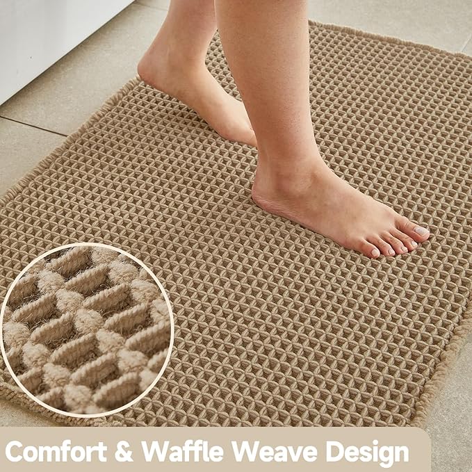 Waffle Bath Mat, Boho Bathroom Rugs Non Slip Washable Super Absorbent Quick Dry Farmhouse Bathroom Decor, 36"x24" Khaki