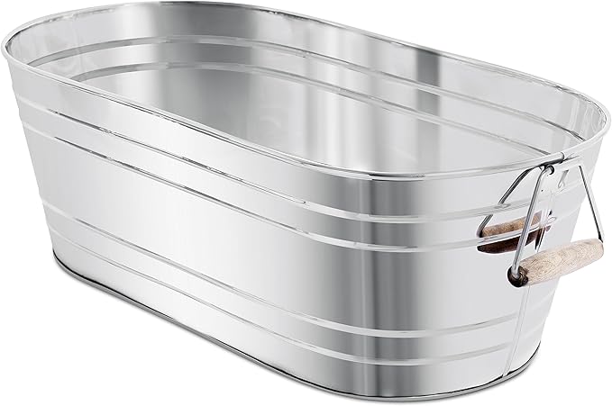BIRDROCK Home Stainless Steel Beverage Tub with Stand - Bottom Tray - Ice Bucket - Party Drink Holder - Wooden Handles - Outdoor or Indoor Use - Free Standing