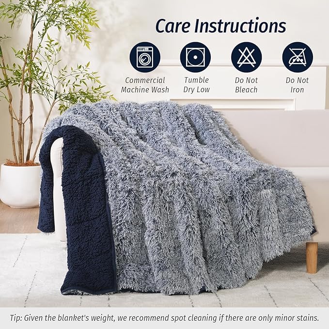 Wemore Shaggy Long Fur Faux Fur Weighted Blanket, Cozy and Plush Sherpa Long Hair Blanket for Adult 15lbs, Fluffy Fuzzy Sherpa Reverse Heavy Blanket for Bed, Couch, Backprint Navy Blue, 48 x 72 Inches