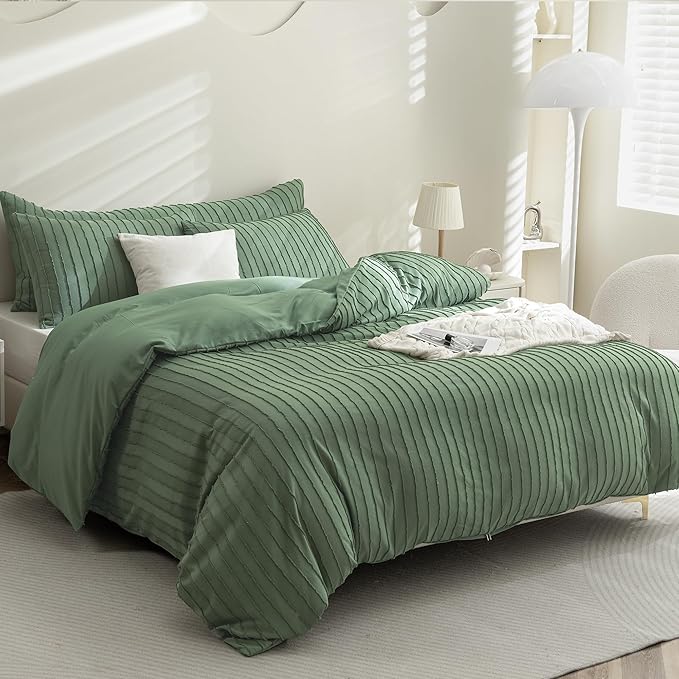 JELLYMONI Duvet Cover Super King Size Green - 3PCS Boho Striped Duvet Cover Set Polyester Tufted Bohemian Textured Comforter Cover 116×98in with Corner Ties & Zipper and 2 Pillowcases