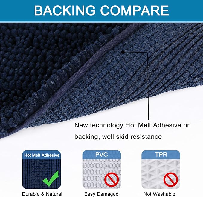 H.VERSAILTEX Bathroom Rugs Bath Rugs for Bathroom Non Slip Bath Mats Extra Thick Chenille Striped Rug 17" x 24" Absorbent Soft Shaggy Washable Dry Fast Bath Mats for Bath Room Floor - Navy