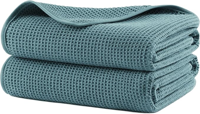 POLYTE Microfiber Oversize Quick Dry Lint Free Waffle Bath Towel for Body, 60 x 30 in, Set of 2