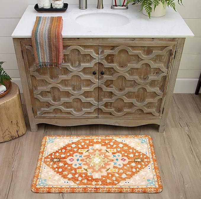 Uphome Boho Tribal Orange Cute Floral Non-Slip Machine Washable Soft Oriental Bath Mats for Sink Shower Doormat Tub, 20x31 inch
