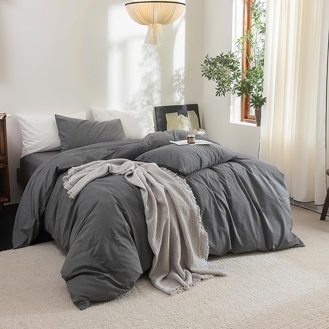 FOSSA Duvet Cover Set 100% Washed Cotton Linen Feel Super Soft Breathable Cozy 3 Pieces Bedding Sets Solid Dark Grey Super King