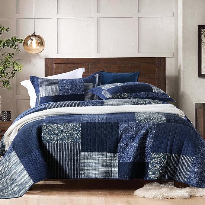 Yvooxny Quilts King Size Reversible Lightweight Bedspread 3-Piece Quilt Set Plaid Floral Patchwork 100% Cotton King Quilt Set Bedding Set with Pillow Shams for All Seasons, Azure Blue, 98x106''