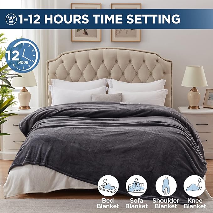 Westinghouse Electric Blanket Queen Size, Super Cozy Soft Flannel 84"" x 90"" Heated Blanket with 10 Fast Heating Levels & 1-12 Auto-Off, Machine Washable, ETL&FCC Certification, Charcoal