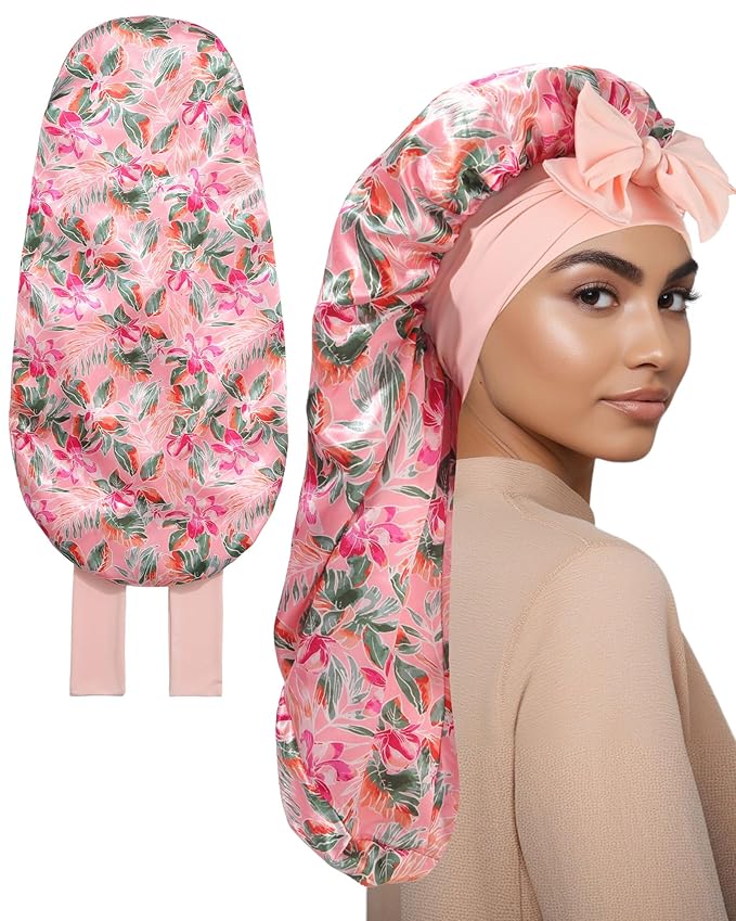 AWAYTR Long Satin Bonnet for Sleeping, Reversible Double Layer Hair Bonnet with Elastic Tie Band (Floral Print+Peach Pink)