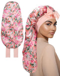 AWAYTR Long Satin Bonnet for Sleeping, Reversible Double Layer Hair Bonnet with Elastic Tie Band (Floral Print+Peach Pink)