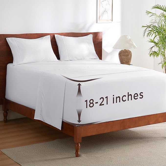 Bedsure Deep Pocket California King Sheet Sets - Fits Mattresses Up to 21 Inches Thick - 4 Piece Bed Sheets, Moisture Wicking, Soft & Cooling Bedsheet & Pillowcases, Easy & Secure Fit, White